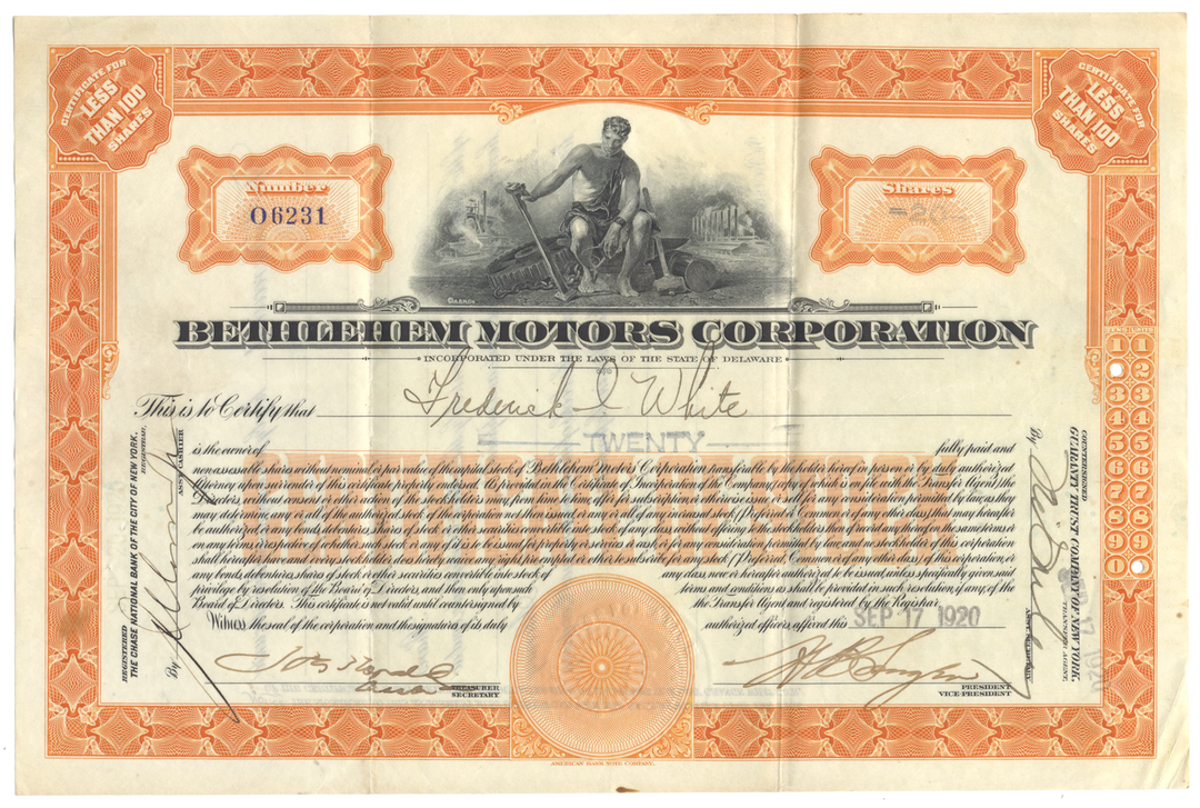 Bethlehem Motors Corporation Stock Certificate