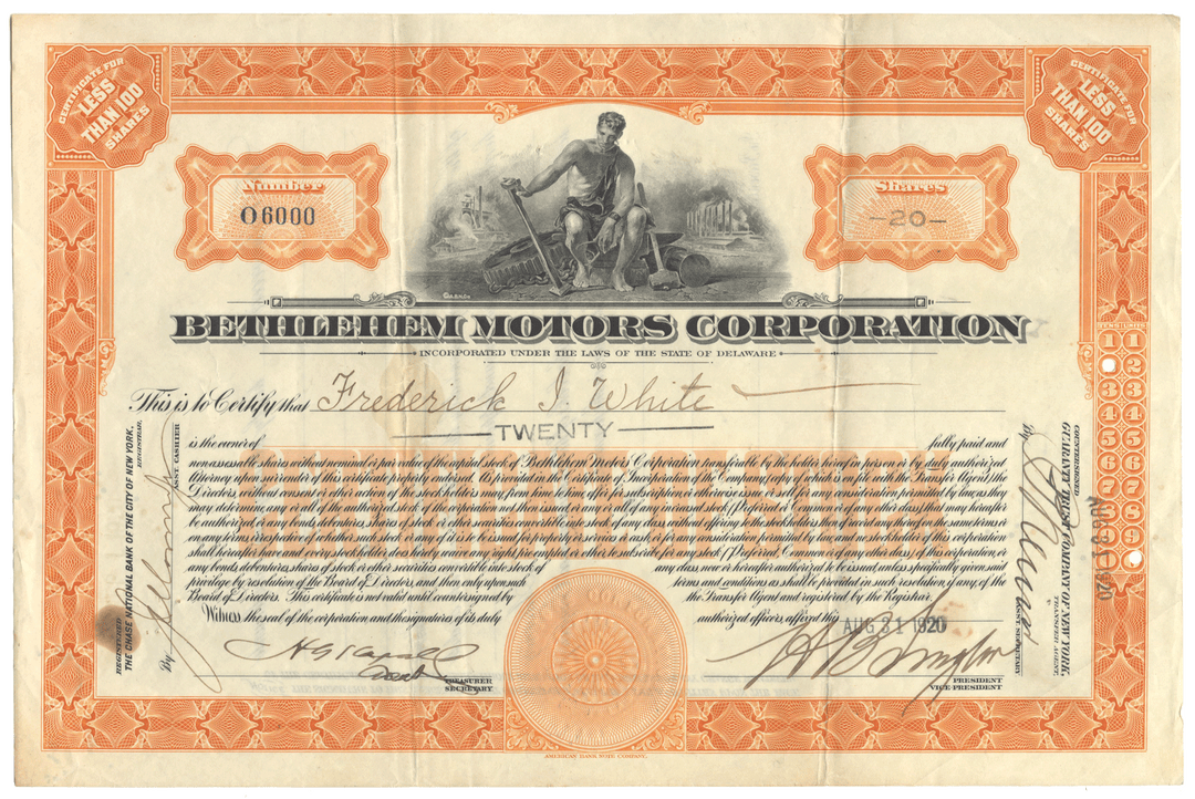 Vintage stock certificate for Bethlehem Motors Corporation with decorative elements and text.