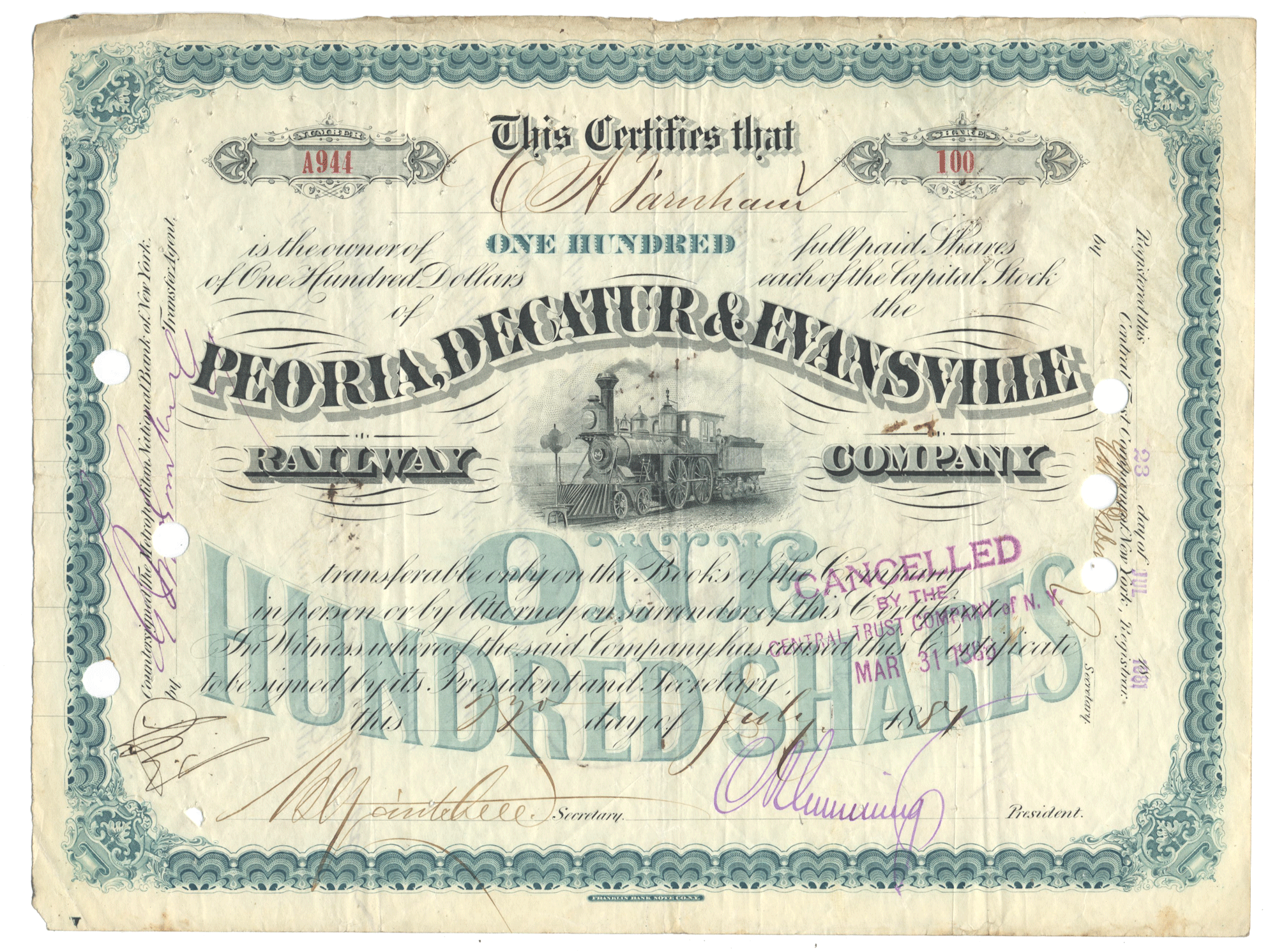 Peoria, Decatur & Evansville Railway Company (LOT OF 6 PIECES)