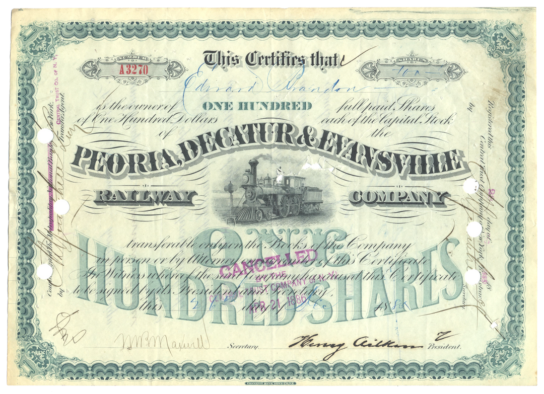 Peoria, Decatur & Evansville Railway Company Stock Certificate