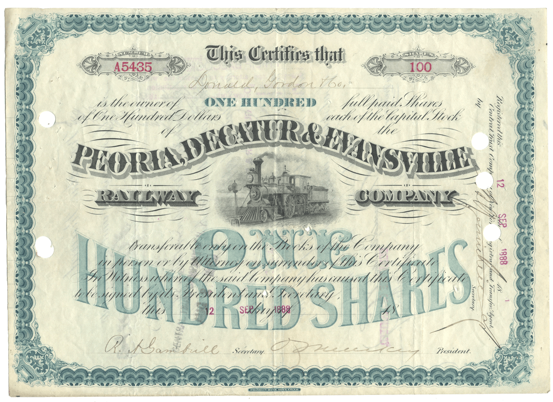 Peoria, Decatur & Evansville Railway Company Stock Certificate