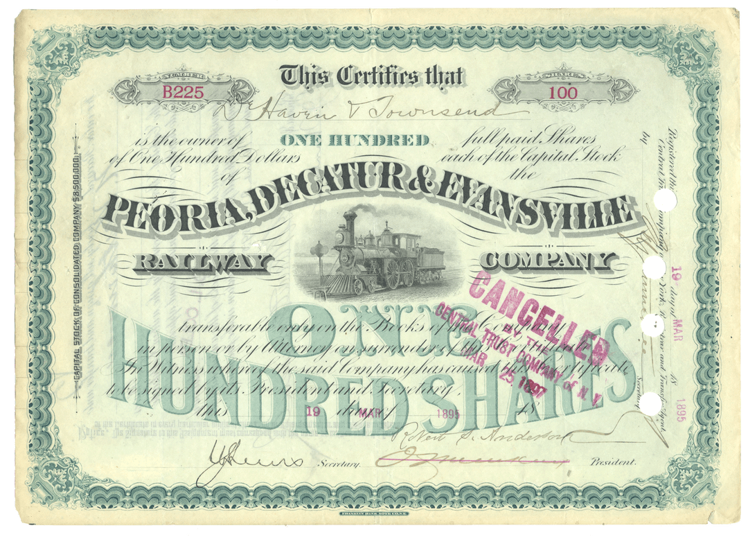 Vintage stock certificate for Peoria, Decatur & Evansville Railway Company from 1895
