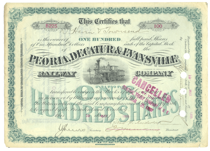 Vintage stock certificate for Peoria, Decatur & Evansville Railway Company from 1895