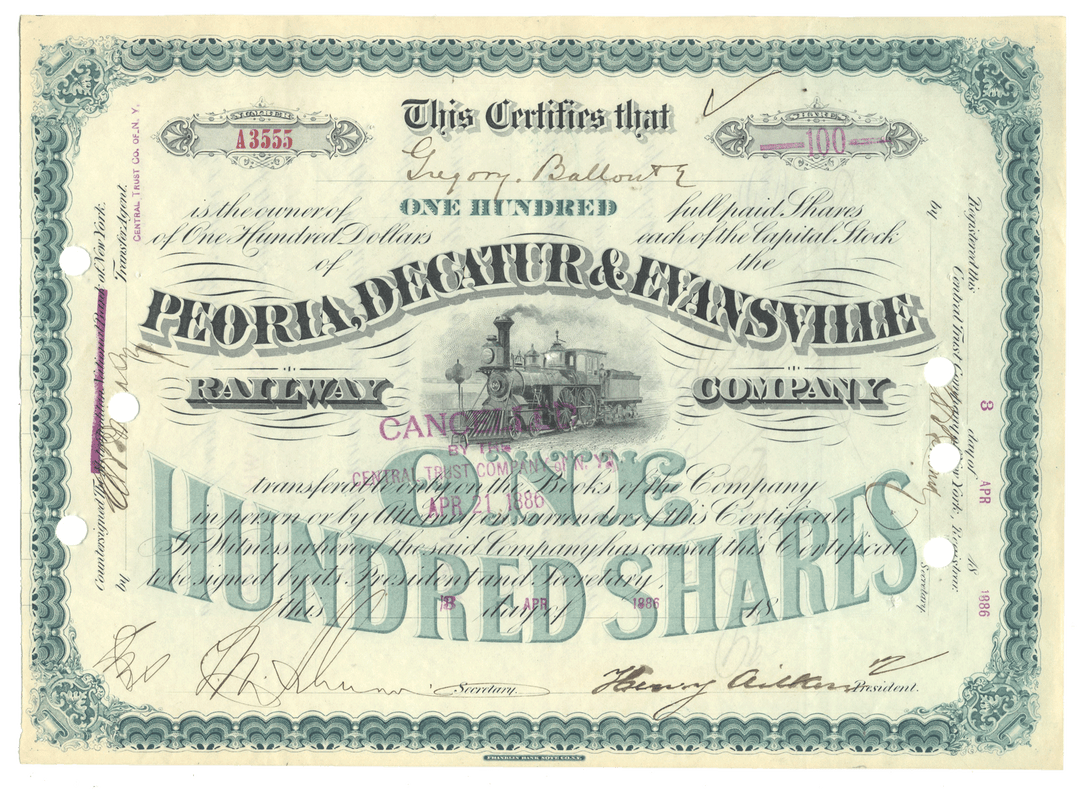 Vintage stock certificate for Peoria, Decatur & Evansville Railway Company with decorative elements from 1886