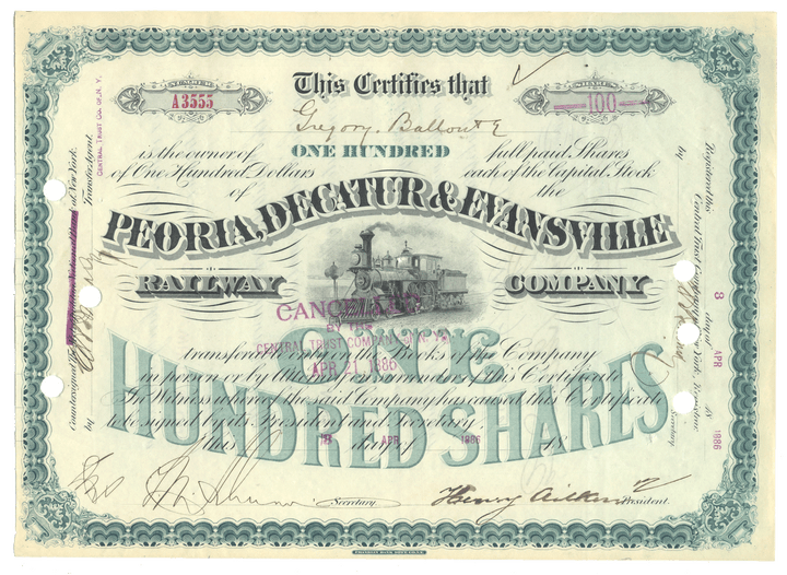 Vintage stock certificate for Peoria, Decatur & Evansville Railway Company with decorative elements from 1886