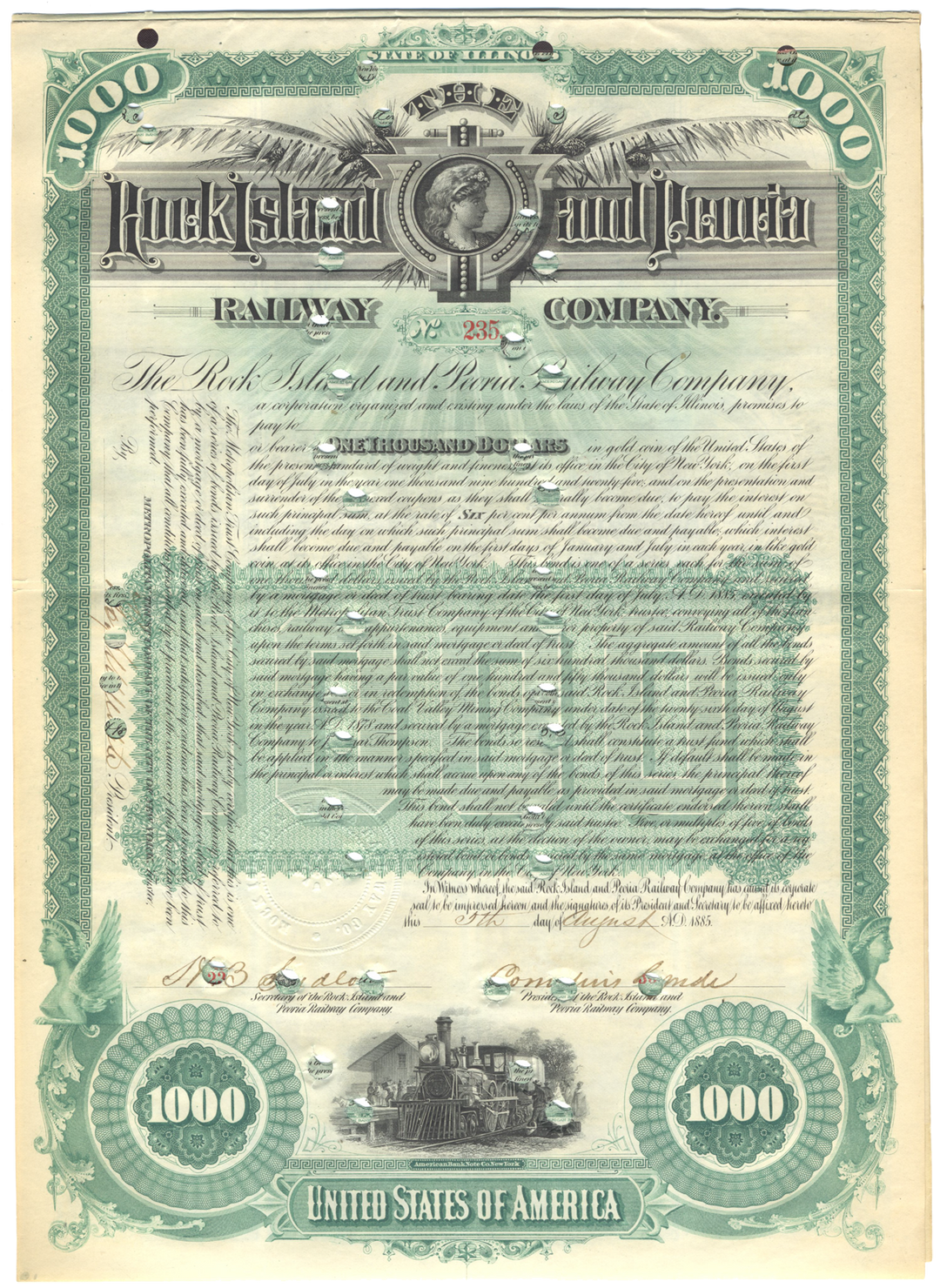 Rock Island and Peoria Railway Company Bond Certificate