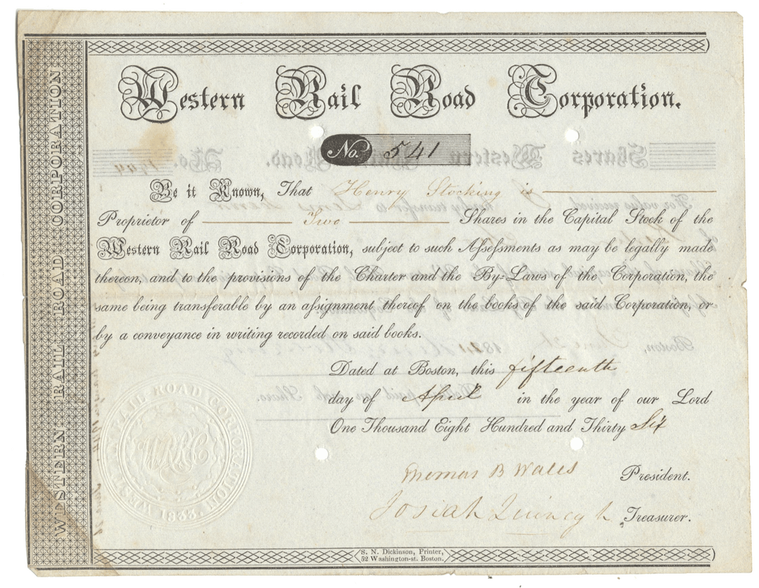 Western Rail Road Corporation Stock Certificate Signed by Josiah Quincy, Jr.)
