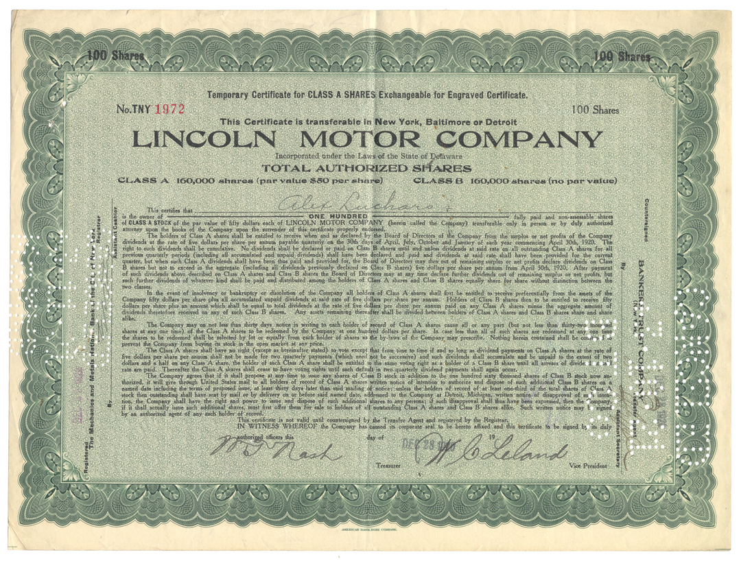 Lincoln Motor Company Stock Certificate Signed by Wilfred Leland and Willam Nash