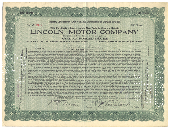 Lincoln Motor Company Stock Certificate Signed by Wilfred Leland and Willam Nash