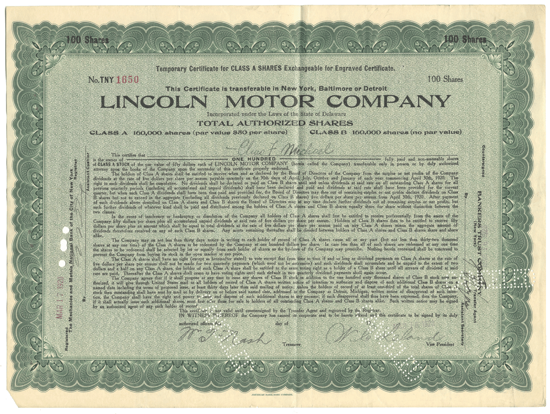 Lincoln Motor Company Stock Certificate Signed by Wilfred Leland and Willam Nash