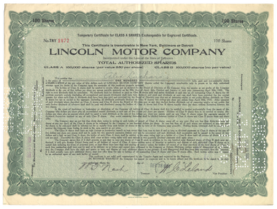 Lincoln Motor Company Stock Certificate Signed by Wilfred Leland and Willam Nash