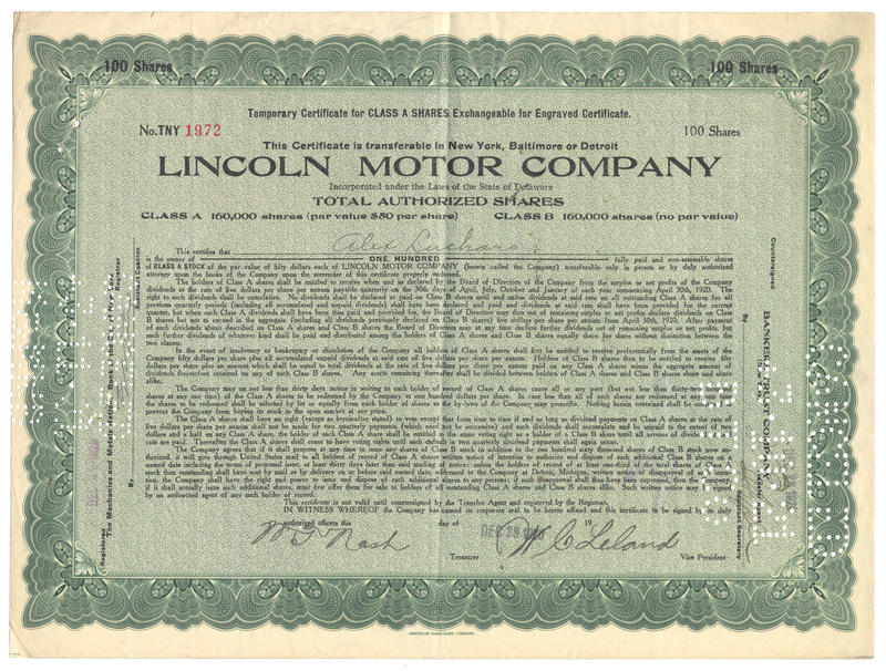 Lincoln Motor Company Stock Certificate Signed by Wilfred Leland and Willam Nash