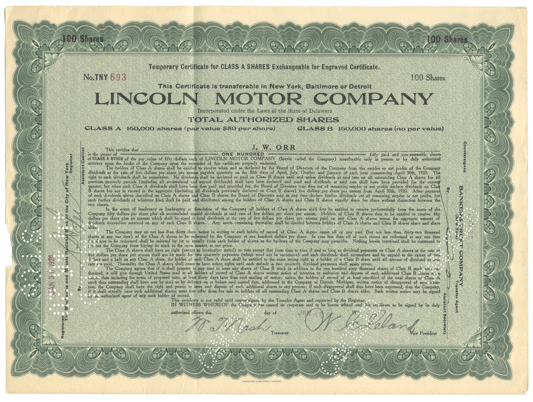 Lincoln Motor Company stock certificate signed by Wilfred Leland and William Nash