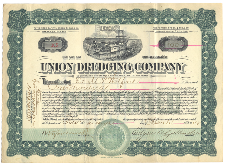 Union Dredging Company Stock Certificate