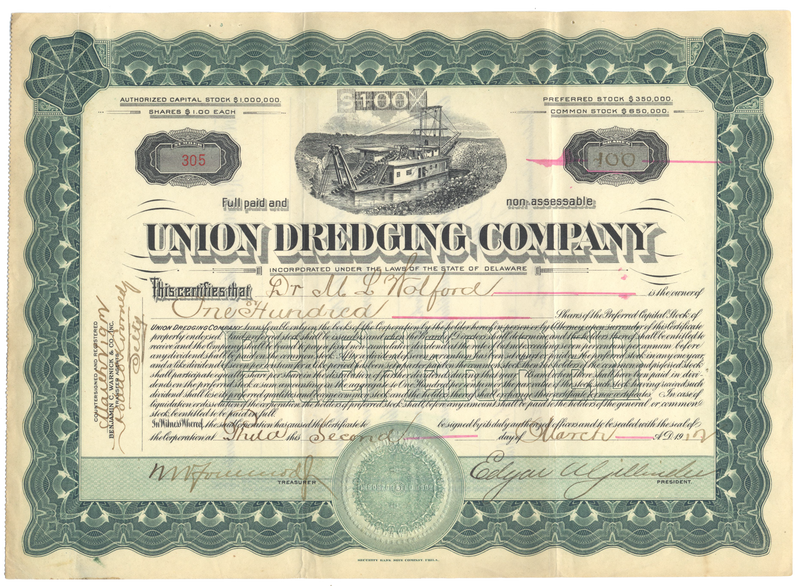 Union Dredging Company Stock Certificate