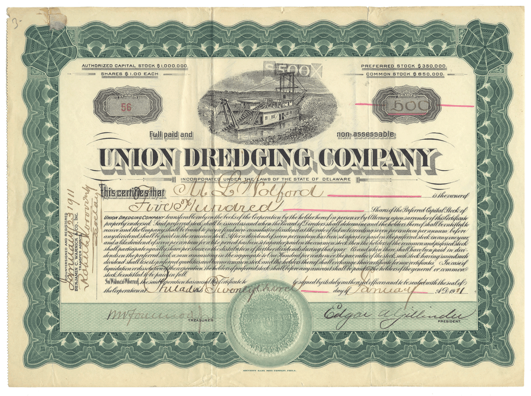 Union Dredging Company stock certificate with decorative elements and text.