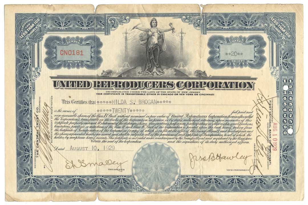 United Reproducers Corporation stock certificate from 1929 with decorative elements and text.