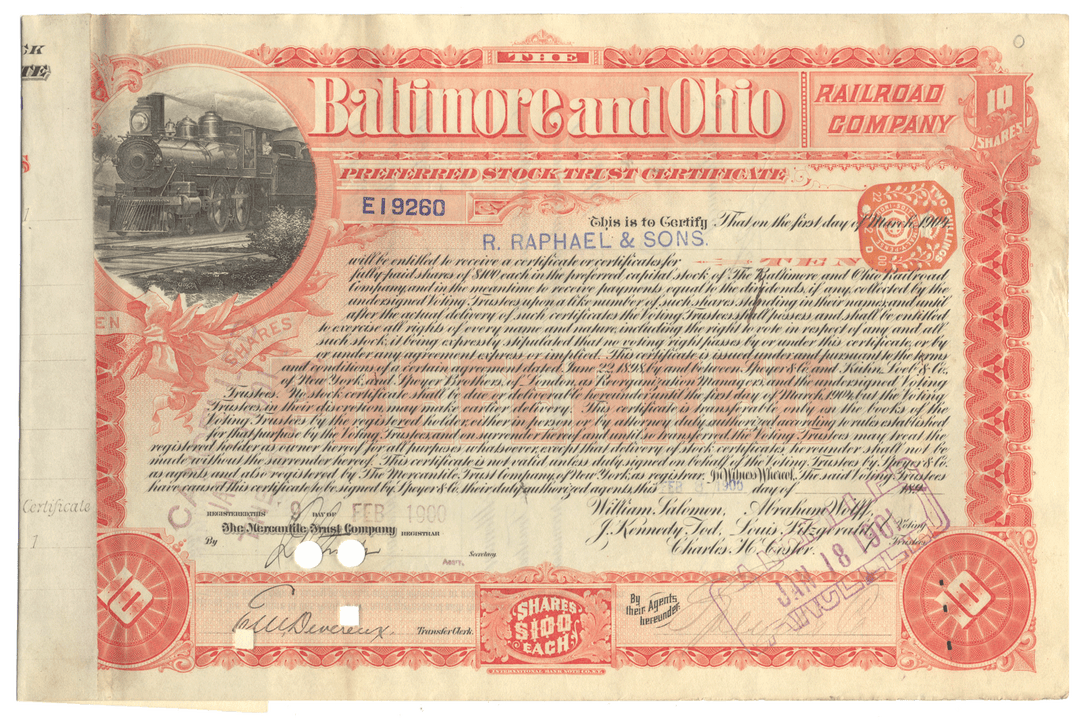 Historical stock certificate from the Baltimore and Ohio Railroad Company