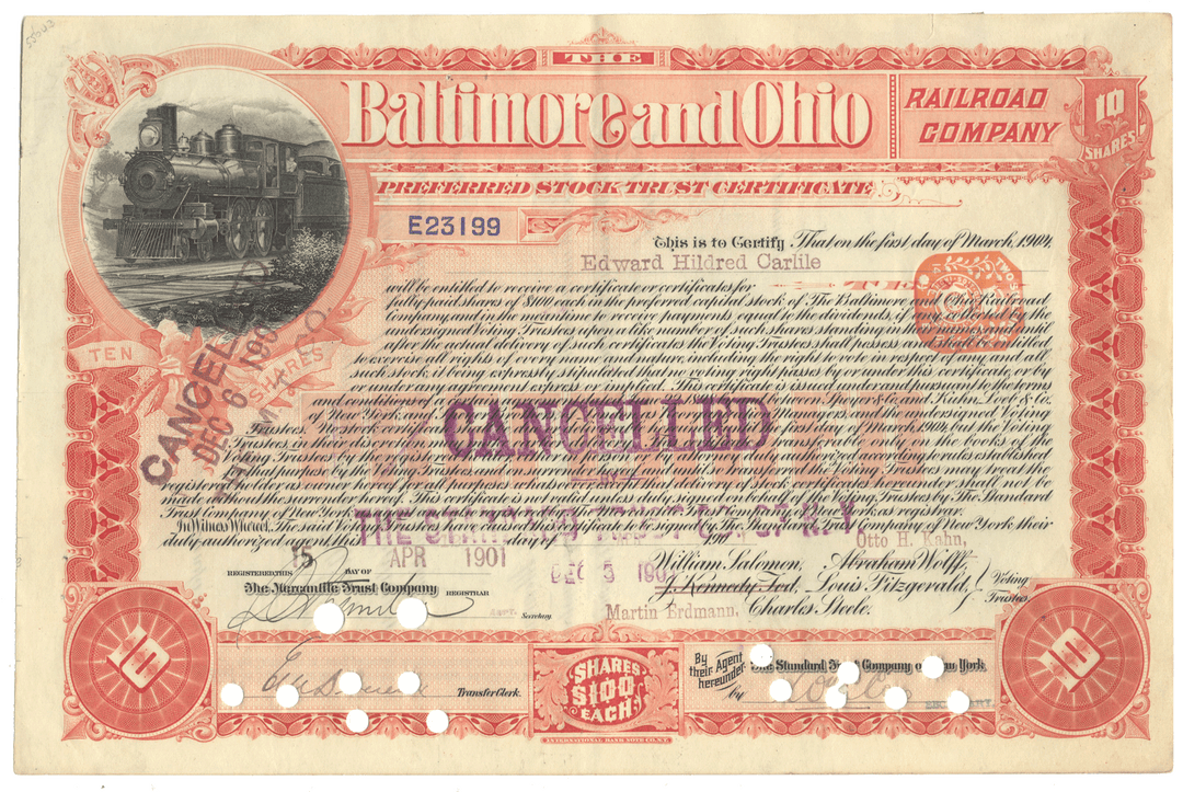 Vintage stock certificate for Baltimore and Ohio Railroad Company