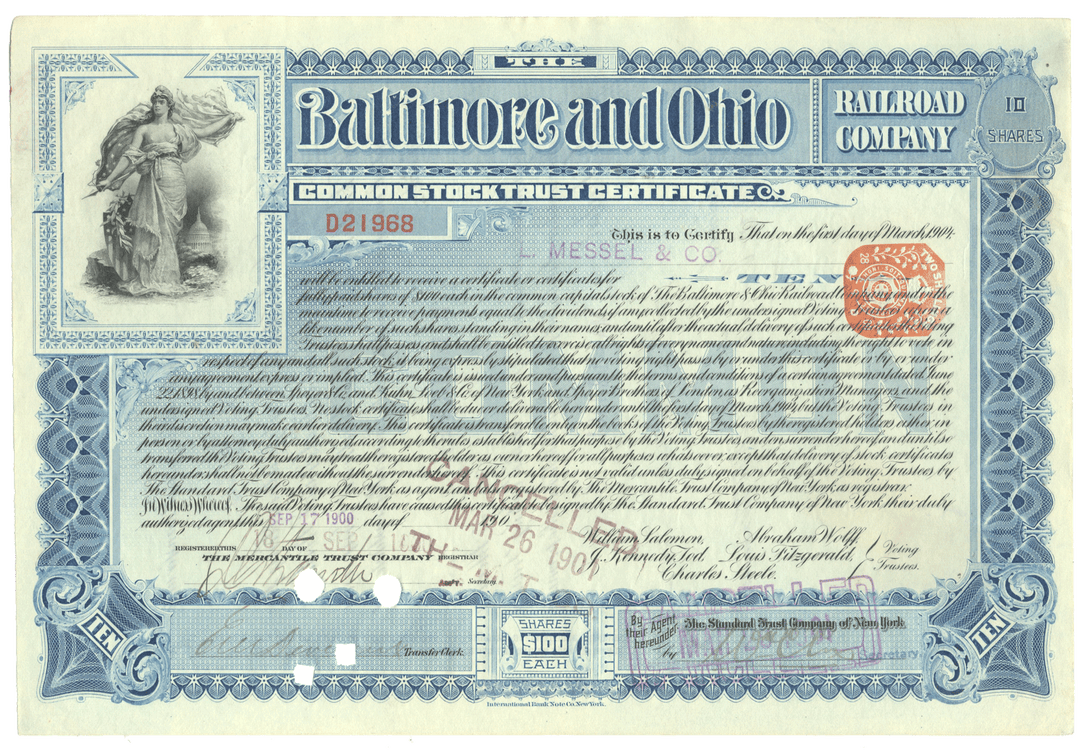 Baltimore and Ohio Railroad Company stock certificate with detailed text and decorative elements.