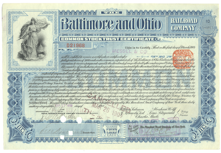 Baltimore and Ohio Railroad Company stock certificate with detailed text and decorative elements.