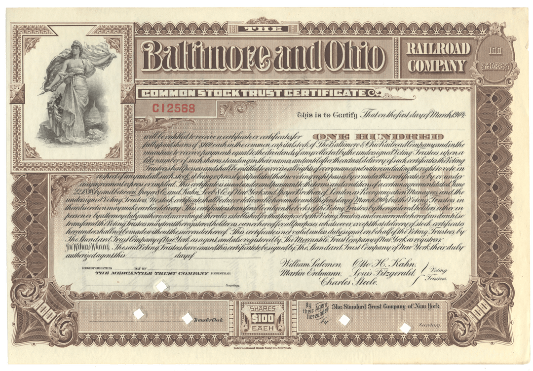 Vintage stock certificate from the Baltimore and Ohio Railroad Company with decorative elements.