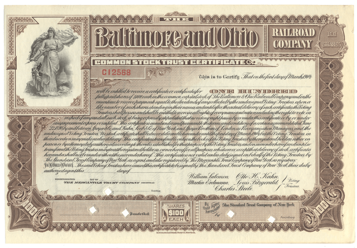 Vintage stock certificate from the Baltimore and Ohio Railroad Company with decorative elements.