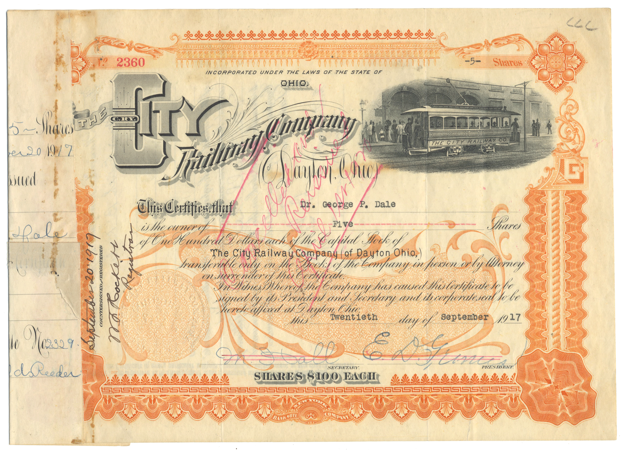 City Railway Company of Dayton, Ohio Stock Certificate