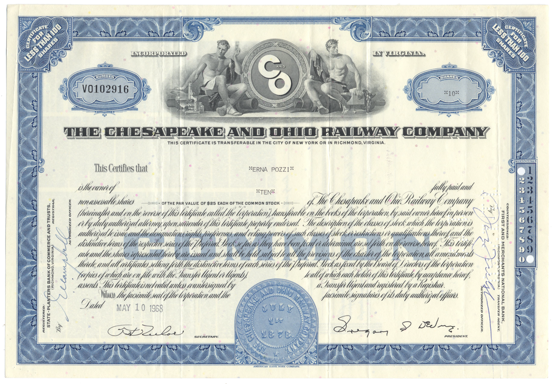 Chesapeake and Ohio Railway Company Stock Certificate