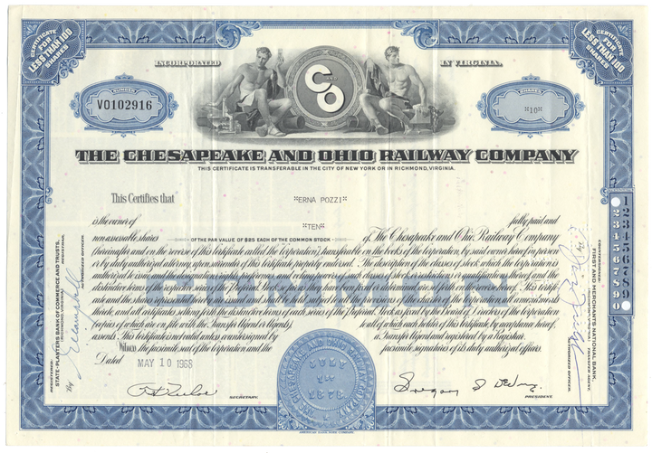 Chesapeake and Ohio Railway Company Stock Certificate