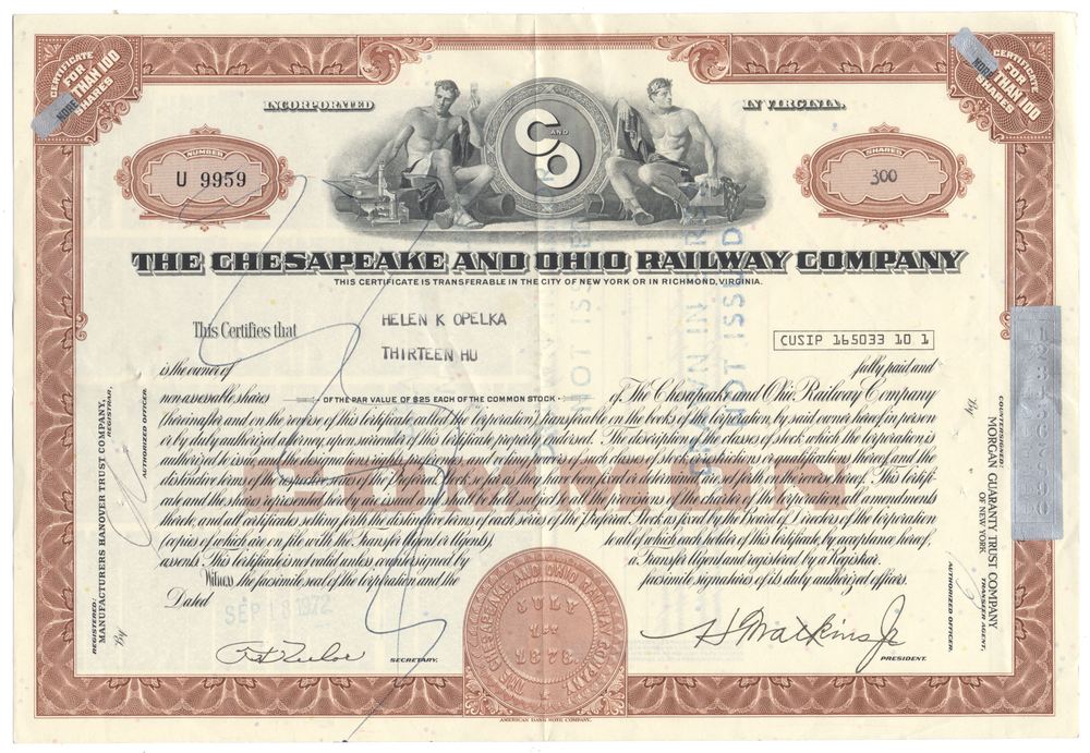 Chesapeake and Ohio Railway Company Stock Certificate