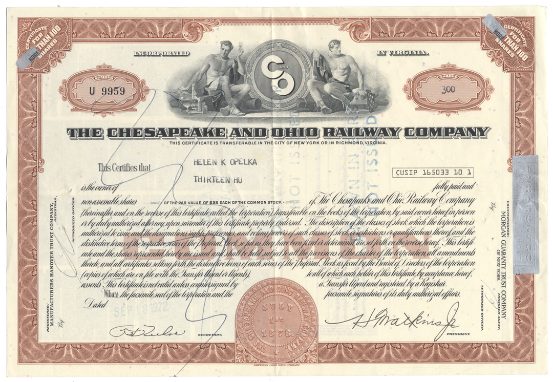 Chesapeake and Ohio Railway Company Stock Certificate