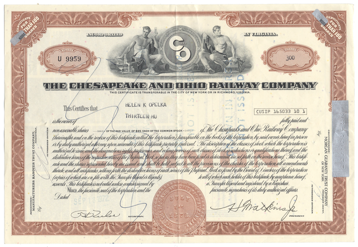 Chesapeake and Ohio Railway Company Stock Certificate