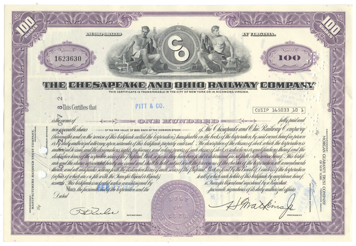 Chesapeake and Ohio Railway Company Stock Certificate