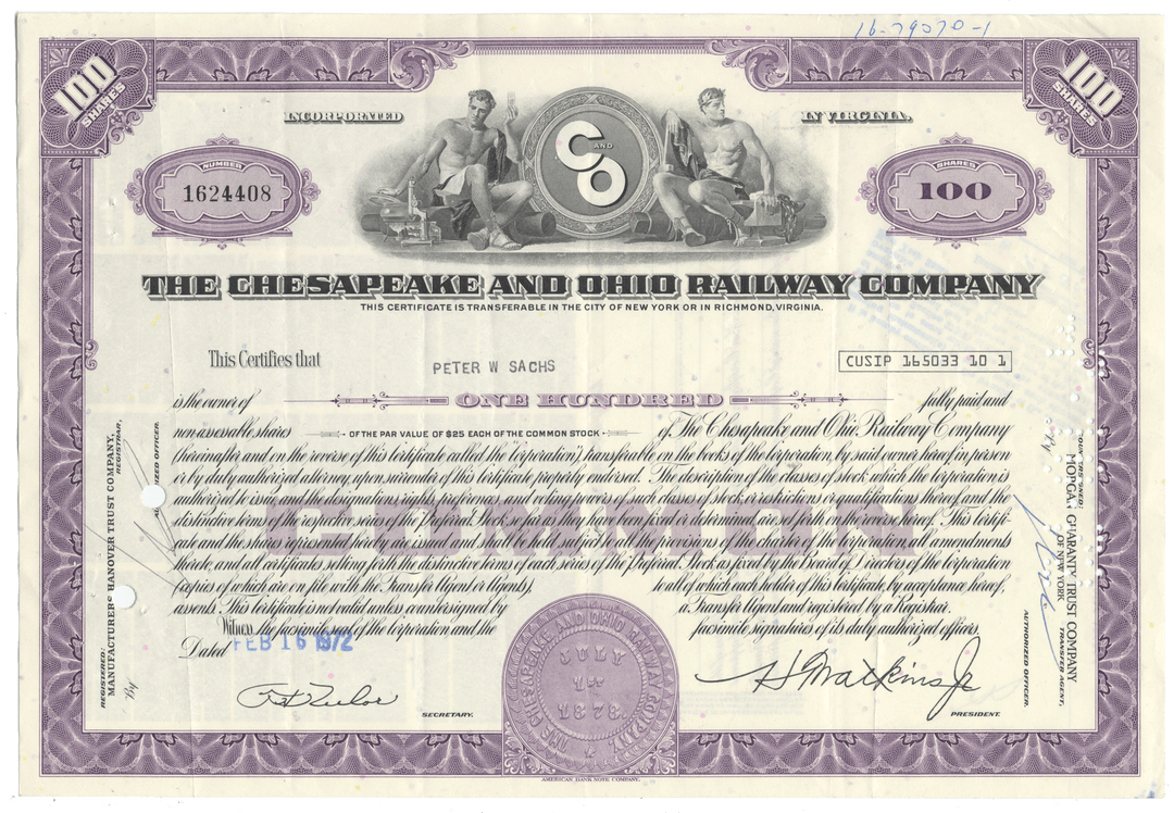 Chesapeake and Ohio Railway Company stock certificate with purple border and text.