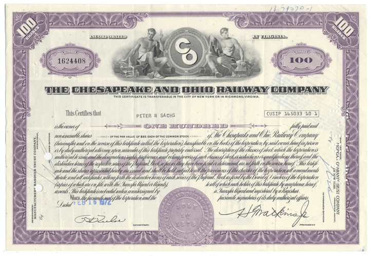 Chesapeake and Ohio Railway Company stock certificate with purple border and text.