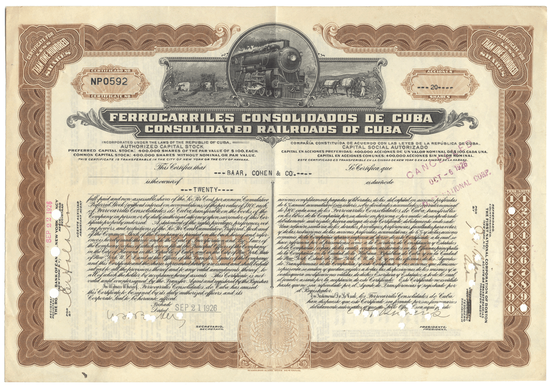 Historical stock certificate of Consolidated Railroads of Cuba with steam locomotive illustration.