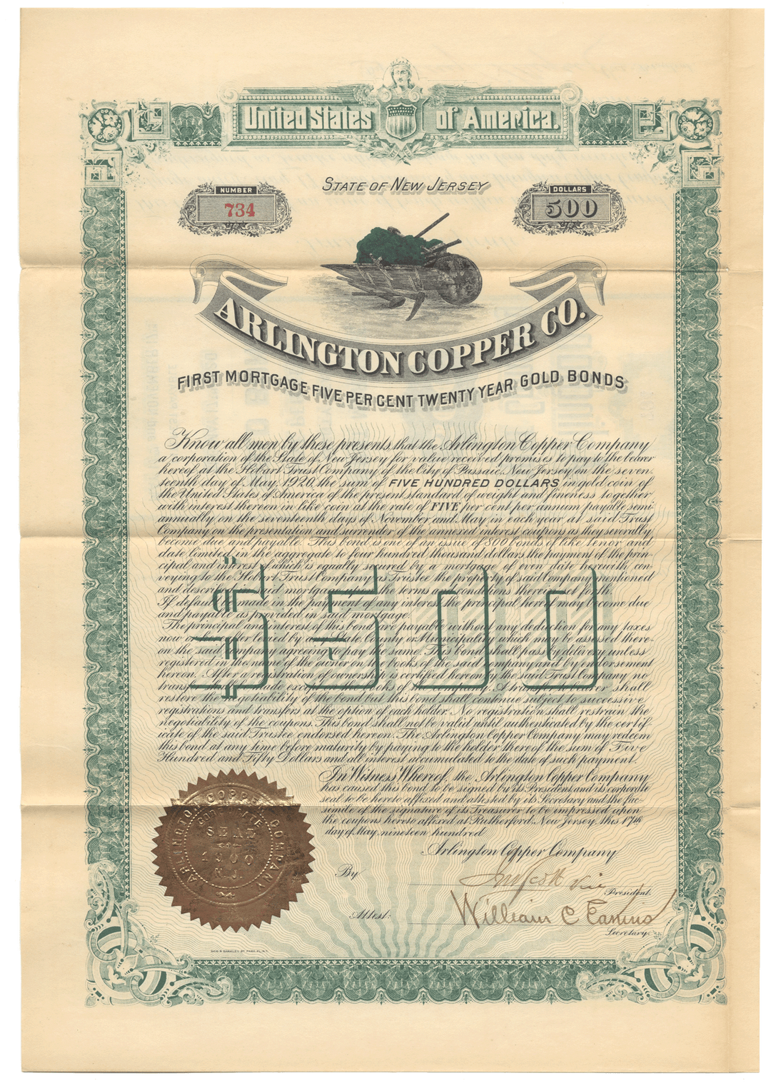 Arlington Copper Company Bond Certificate