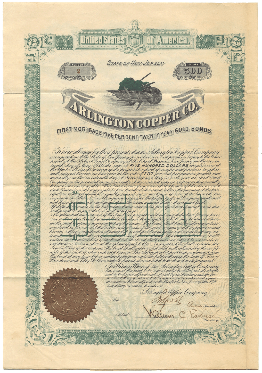 Arlington Copper Company Bond Certificate
