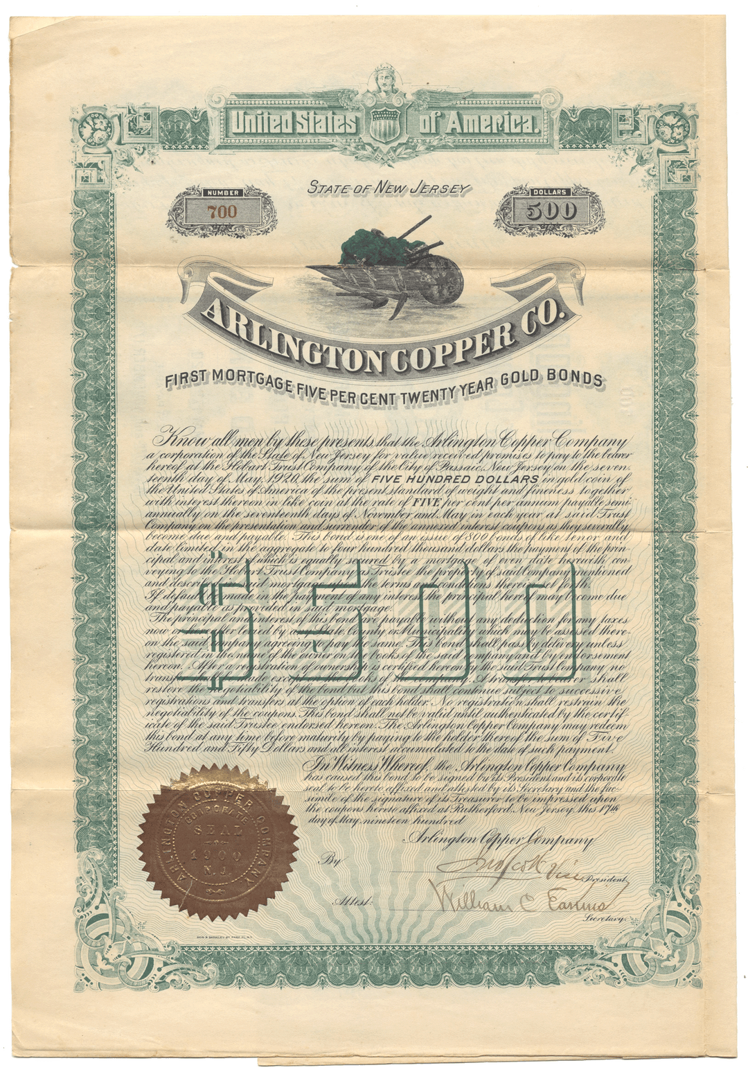 Arlington Copper Co. bond certificate from New Jersey dated 1900