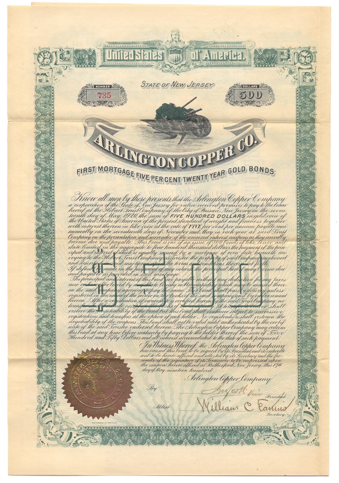 Arlington Copper Company Bond Certificate