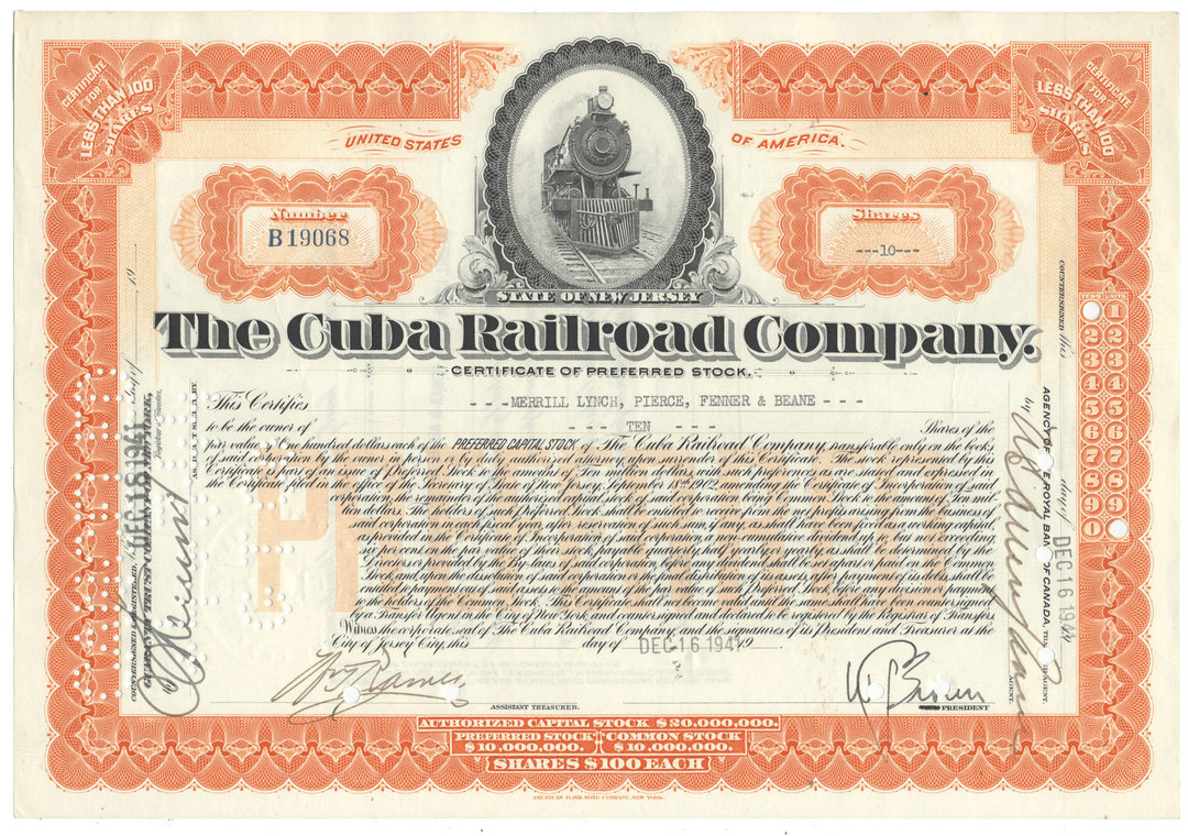 Antique Cuba Railroad Company stock certificate from 1941