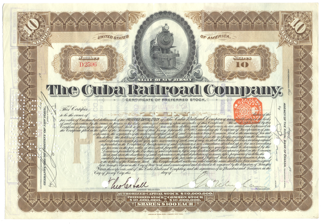 Cuba Railroad Company Stock Certificate