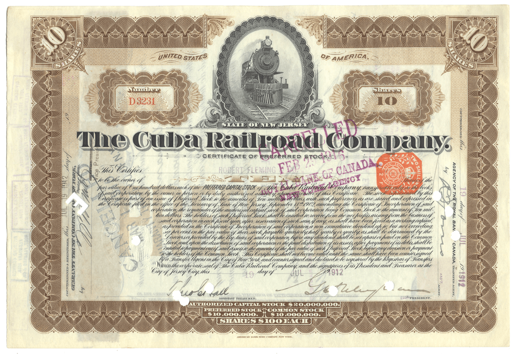 Certificate of The Cuba Railroad Company with decorative elements and text.