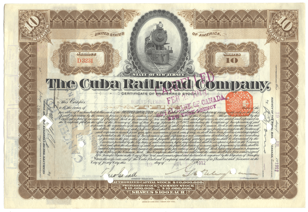Certificate of The Cuba Railroad Company with decorative elements and text.