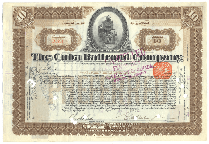 Certificate of The Cuba Railroad Company with decorative elements and text.