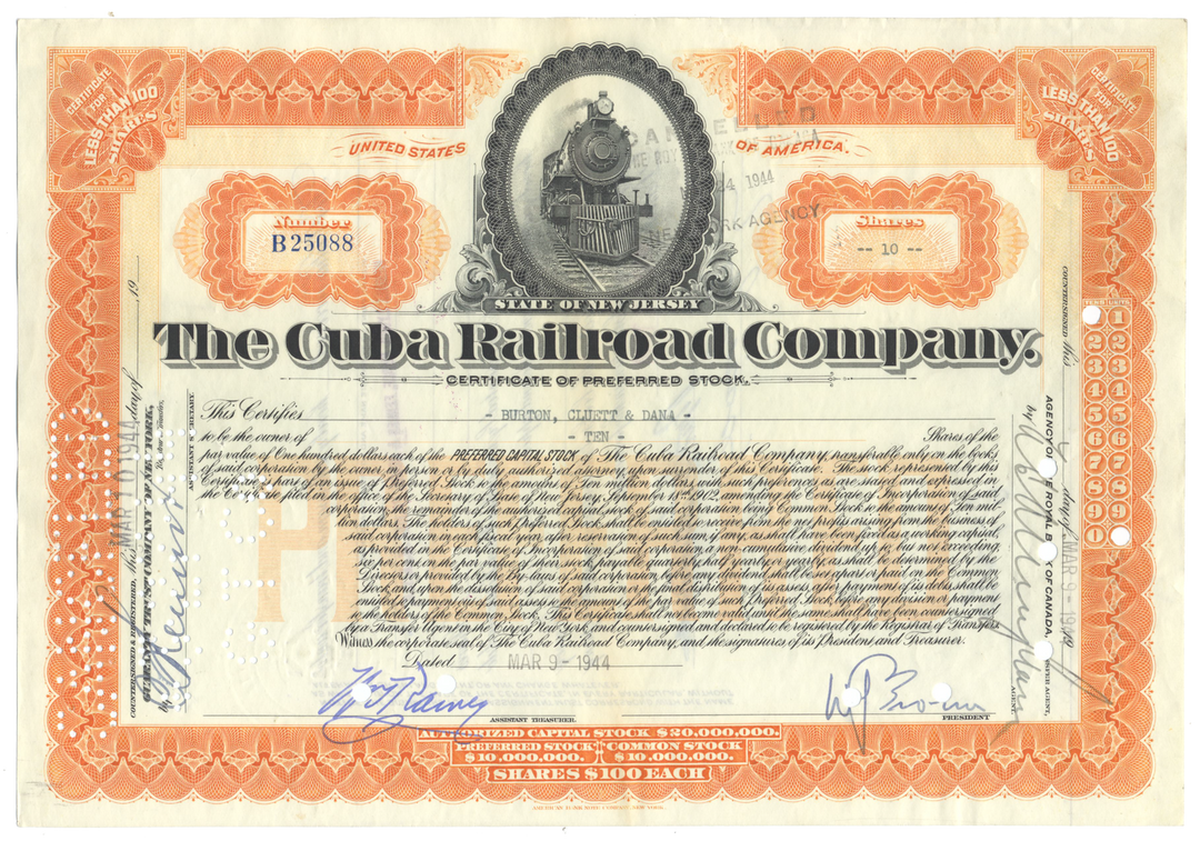 Cuba Railroad Company Stock Certificate