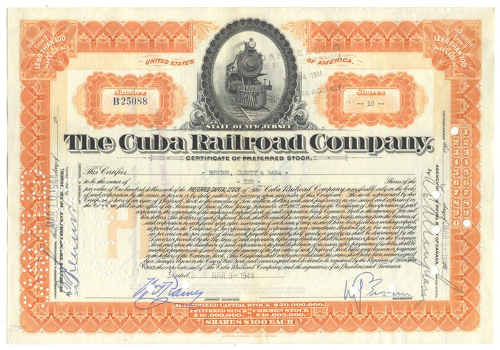 Cuba Railroad Company Stock Certificate