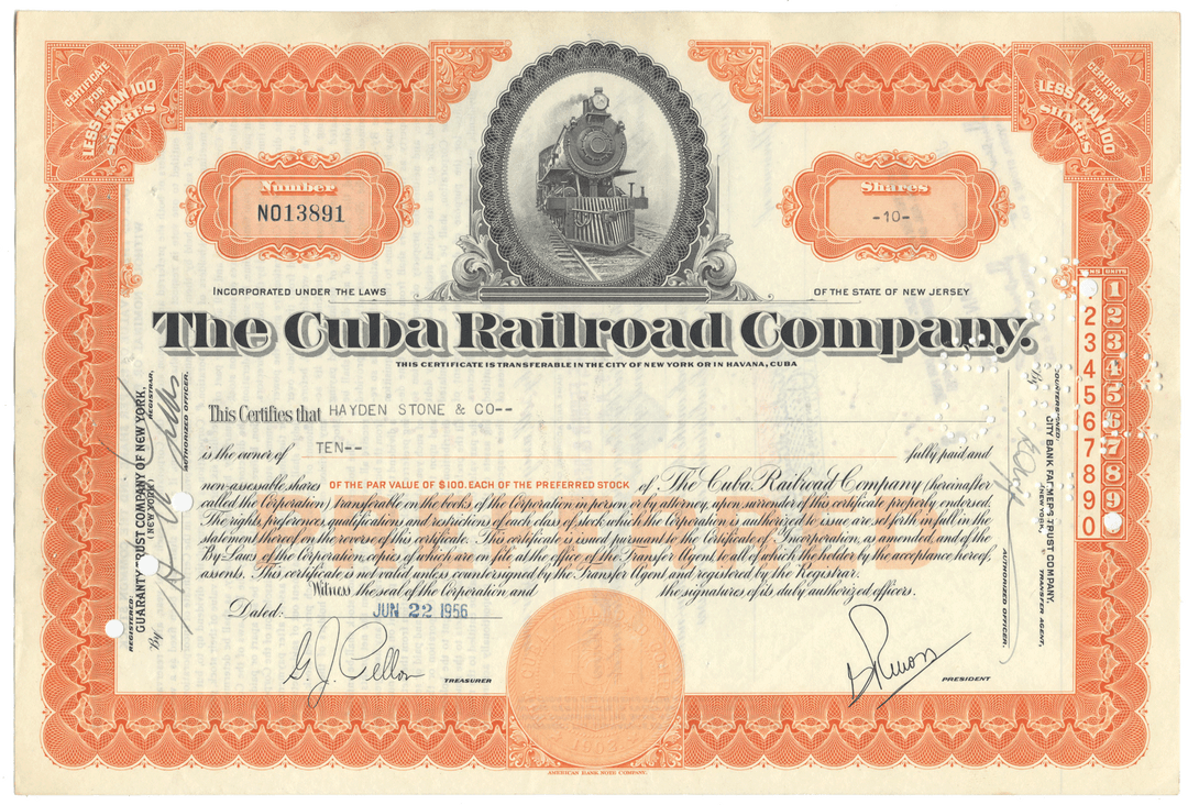 Vintage stock certificate of The Cuba Railroad Company with a steam locomotive illustration.