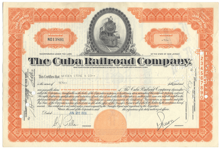 Vintage stock certificate of The Cuba Railroad Company with a steam locomotive illustration.